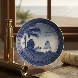 Royal Copenhagen 1978 Plate James Cook Hawaii 1778 Blue Porcelain Denmark